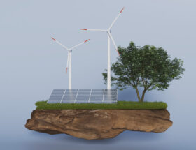 Solceller, vindkraft och träd i bild