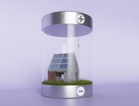 Hus med solpaneler i batteri